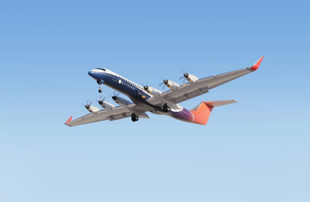 elysian e9x electric airplane that runs on batteries carrying 90 passengers in the sky