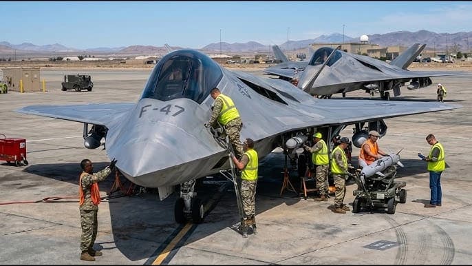 F-47 fighter jet concept aircraft on airfield tarmac with ground crew in safety vests