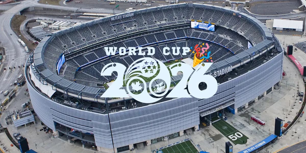 MetLife Stadium aerial view, host of the FIFA World Cup 2026 Final on July 19
