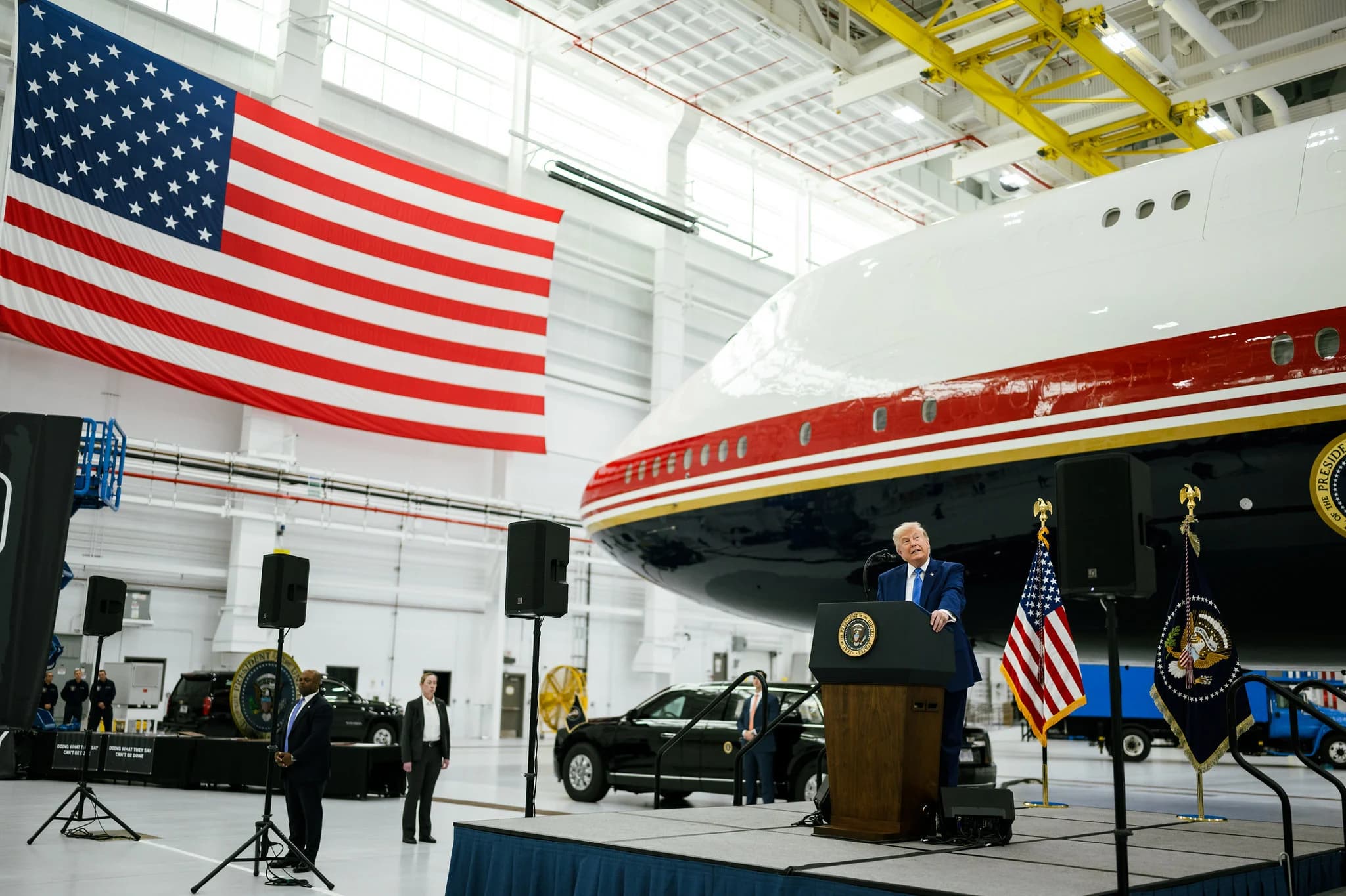 president donald trump speaking at unveiling ceremony of $400mil qatar jet at andrews