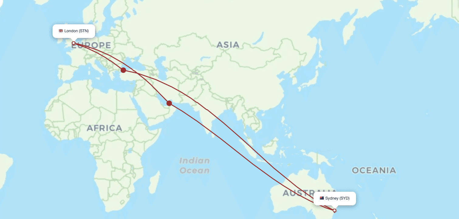 visual-map of sydney to london longest 22hr flight